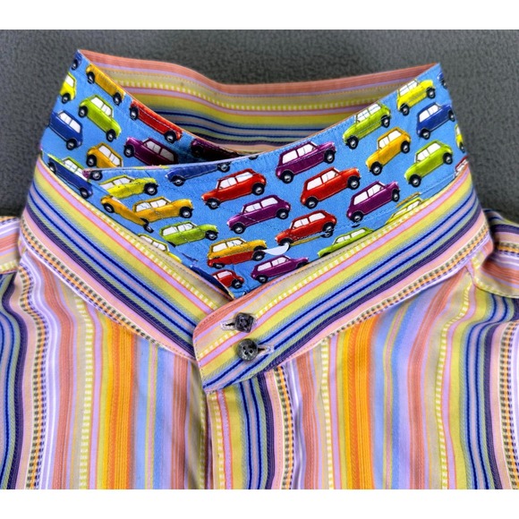 Robert Graham Shirt 2XL Pink Orange Blue Stripe Cars Colorful Flip Cuff STAIN - Picture 9 of 13